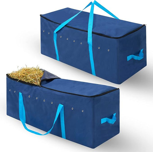 Sanwuta 2 Pack Hay Bale Bag 600d 41 x 15 x 17 Inch Extra Large Hay Storage Container for Horses Oxford Cloth Heavy Duty Tote Bale Storage Bag for Cattle Goats Sheep Horse Supplies(Blue)