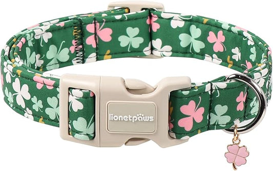 Lionet Paws St. Patrick Dog Collar- Cute Clover Green Dog Collars with Plastic Buckle, Light Adjustable Dogs Collars with Pink Clover Pendant for Medium Dogs