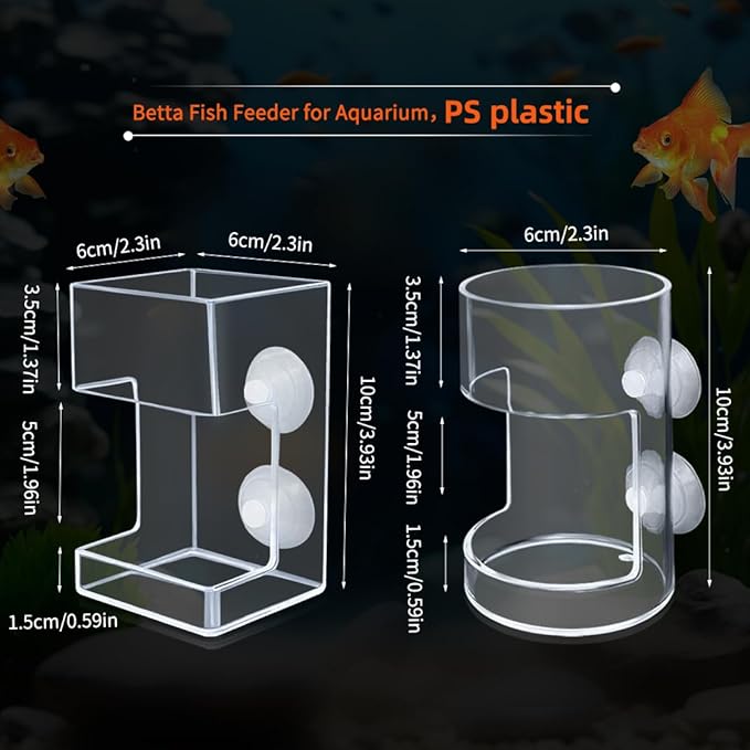 Automatic Fish Feeder for Aquarium Suction Cup, Acrylic Automatic Feeding Ring with 2 Spoons,Clear Turtle Shrimp Feeder for Fish Tank(Square+Round)