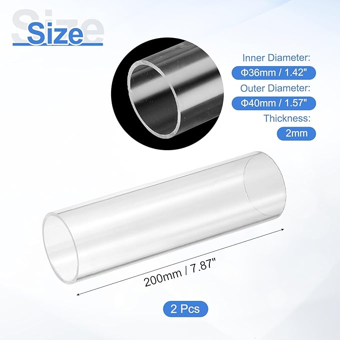 uxcell 2Pcs Clear Rigid Acrylic Pipe, 36mm(1.42") ID x 40mm(1.57") OD 8" Round Polycarbonate Tube Plastic Tubing for Plumbing, Lighting, Aquarium, DIY Projects