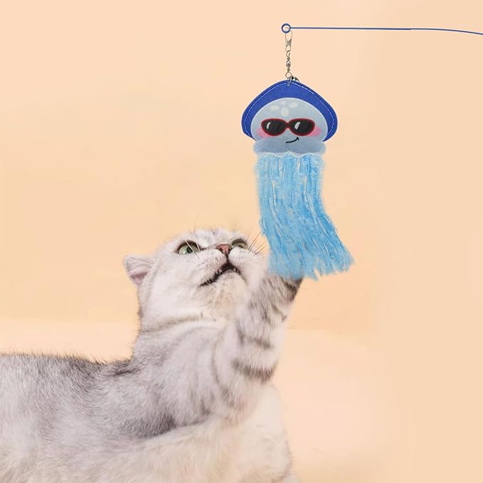 Andiker Cat Wand Toy, 35 Inches Flexible Cat Stick with Cute Jellyfish Cat Wand Replacement Cat Teaser Toy Sturdy Interactive Cat Toy for Indoor Cats to Chase Pounce Entertain (Blue)