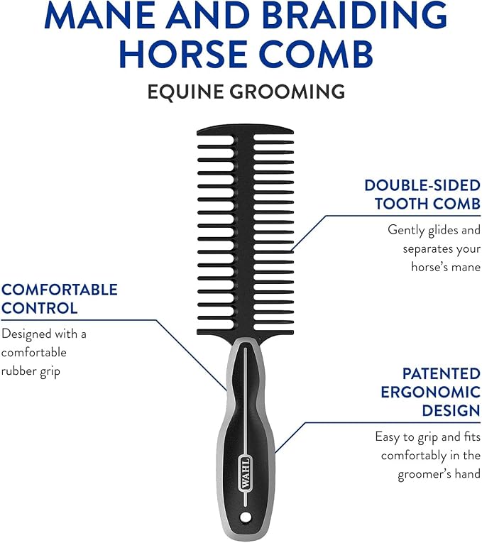 WAHL Professional Animal Mane & Tail Brush - Ergonomic Black Braiding Comb (#858708) for Equine Grooming