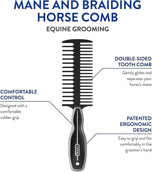 WAHL Professional Animal Mane & Tail Brush - Ergonomic Black Braiding Comb (#858708) for Equine Grooming