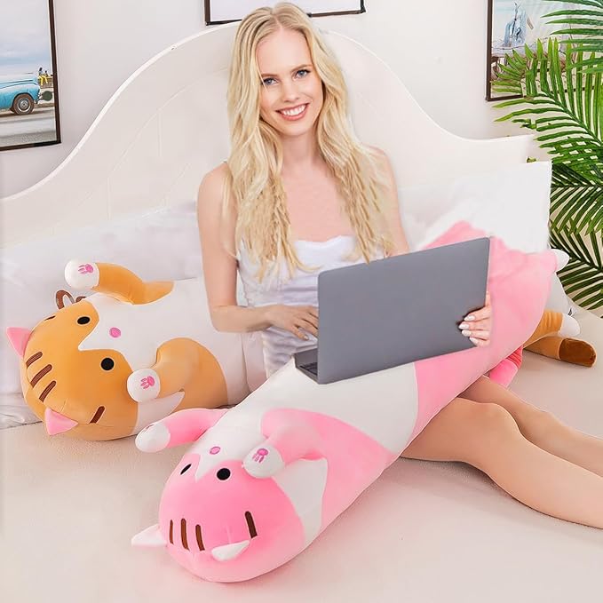 Pink Cat Long Plush Pillow Kitty Stuffed Animals Soft Sleeping Throw Pillow Doll Toy (Pink,35inches)
