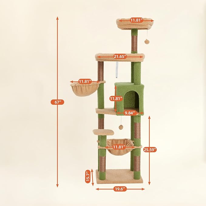 67-Inch Cat Tree with Bed, Hammock, Observation Deck, Plush Platform & Toy Ball for Indoor Cats (Green + Yellow)