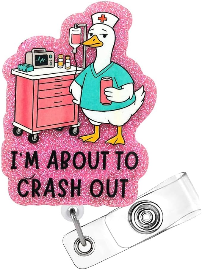 Im About to Crash Out Silly Goose Funny Nurse Badge Reel Retractable ID Name Clip Cute Fun Humor Decorative Durable Healthcare Worker Accessories Gift Medical Assistant Nursing Student RN CNA ER ICU