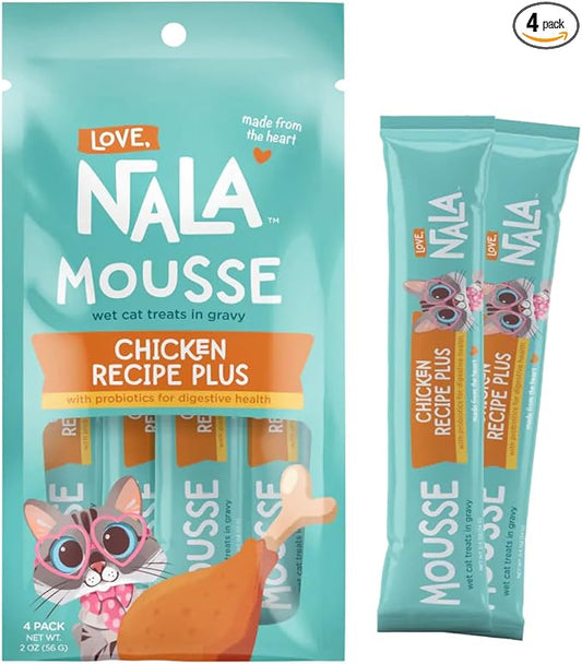 LOVE, NALA Digestive Health Chicken + Prebiotic Mousse Cat Treats – Lickable Squeeze-Up Puree, Topper or Treat – Grain-Free, 4 Pack – Human-Grade Protein, Non-GMO, No Artificial Additives