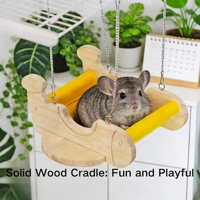 Small Animal Wood Hideout, Wooden Swing Hammock for Chinchilla, Cute Airplane-Shaped, Hanging Cage Accessory with Felt Fence, Small Pet Play Bed for Squirrel Rat, Interactive Enrichment Toy