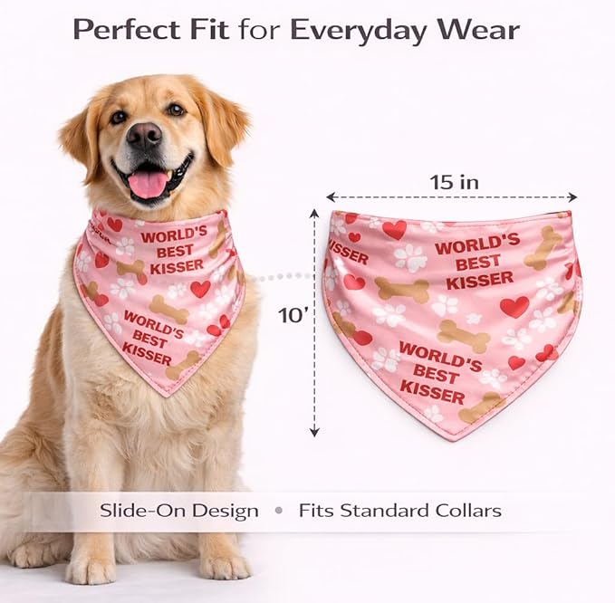 Luxury Satin Dog Bandana – Slip-On Collar Style, Premium Pet Scarf for Medium, Large & XL Dogs – Special Occasion Accessory (Collar Not Included) (Medium - Extra Large, World's Best Kisser)