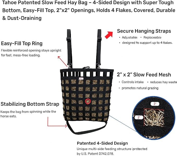 Tahoe Tack Slow Feed Hay Bag for Horses – Patented Durable Nylon Hay Bag with 2"x2" Mesh, Easy-Fill Top Ring, Tough Bottom for Trailer & Stall Feeding