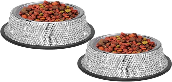 SAVORI Bling Dog Bowls White, 640ML Handmade Bling Rhinestones Stainless Steel Pet Bowls Double Food Water Feeder for Puppy Cats Dogs - Set of 2