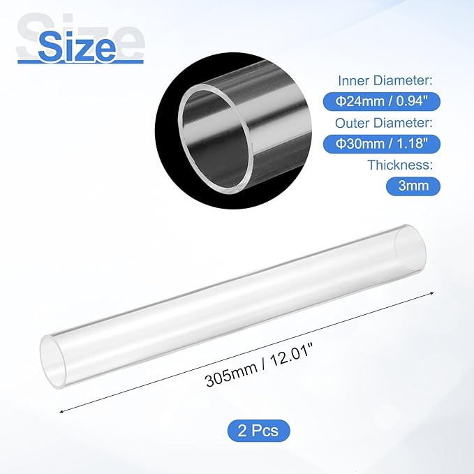uxcell 2Pcs Clear Rigid Acrylic Pipe, 24mm(0.94") ID x 30mm(1.18") OD 12" Round Polycarbonate Tube Plastic Tubing for Plumbing, Lighting, Aquarium, DIY Projects