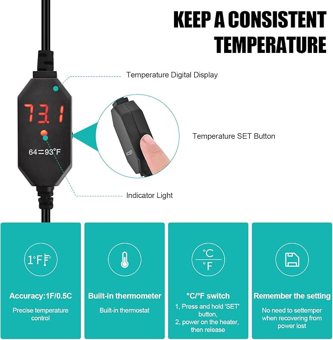 YOFOTHS Mini Aquarium Heater Alumina Ceramic, 25W Digital Display Thermostat, Compact Thumb-Size Fish Tank Heater with Temperature Control for 3-5 Gallon Betta Tanks (25W)