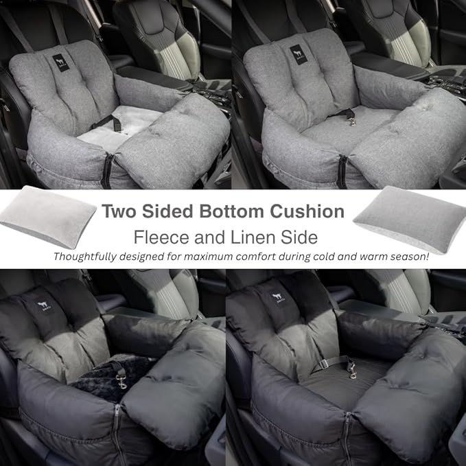 JACKO & CO Premium Dog Car Seat – Safe & Cozy Travel Bed Carrier for Small Dogs, Puppies, Pets, Clip-On Leash, Storage Pockets, Water-Resistant, Machine Wash (Grey, Removable - Medium (1-25lbs))