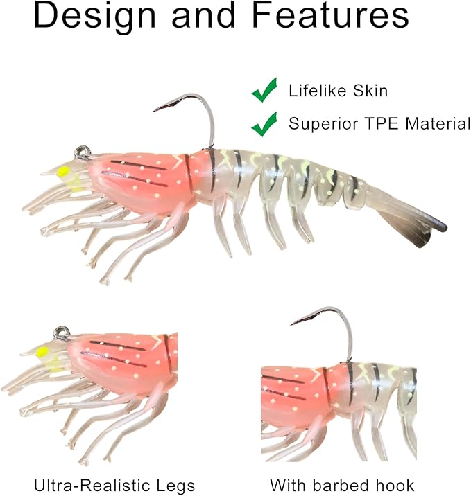 Bionic Swimming Shrimp Lure, Top Water Fish Bites Soft Stuff Shrimp Bait for Bass, Hooks Fishing Lures for Freshwater and Saltwater