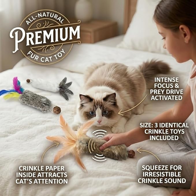 Cat Toys with Real Rabbit Fur Feather,6pcs Kitten Catnip Toy Gall Fruit Treat & Crinkle Paper for Kicking Teeth Cleaning & Stress Relief for Indoor Cats Interactive Christmas Birthday Gift