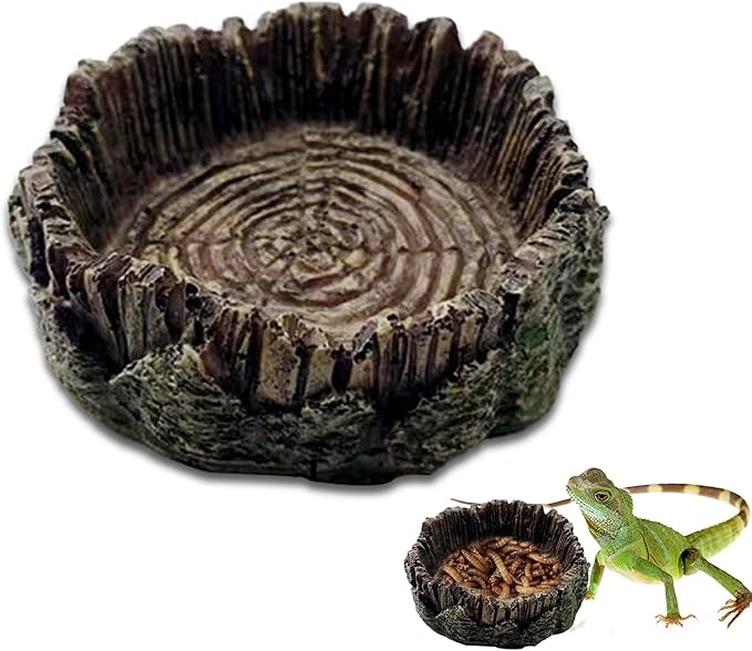 1 Pack Small Reptile Food Dish Resin Rock Worm Water Bowl for Bearded Dragon Leopard Gecko Lizard Hermit Crab Snail Frog Toad Anti Turnover Feeding Accessories Set