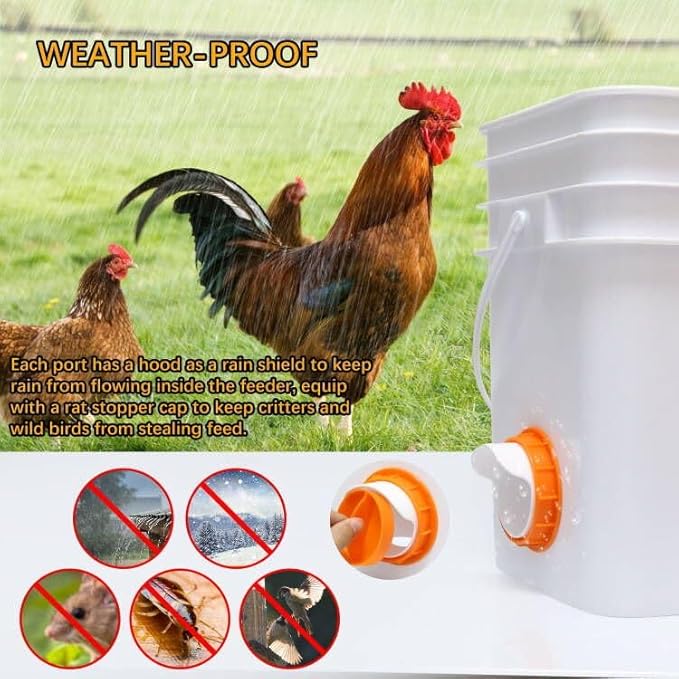 Chicken Feeder Port, 12 Pack Chicken Feeders No Waste with 12 Lids 1 Drill Bit, DIY Automatic Poultry Feeder Cups Kit, Chicken Bucket Feeder for Barrels ((Orange)