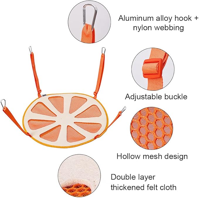Orange Shape Design Pet Hammock, Hanging Adjustable Small Pet Hammock for Puppy, Cat, Rats, Ferret, Bunny, Hammock Bed with 4 Metal Hooks Suitable for Cage/Chair/Car/Outdoor