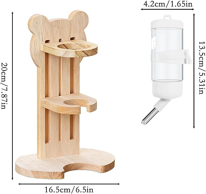 Hamster Water Bottle with Wooden Food Container Base for Dwarf Hamster Gerbil Small Animals (White, 80ml(2.7oz))