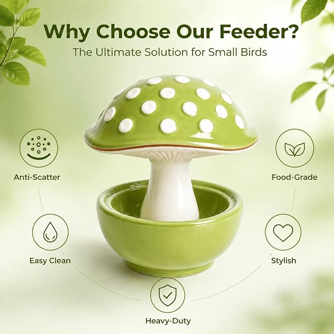 Small Animal & Bird Feeding Dish, Ceramic Mushroom No Mess Feeder for Cage, Dual-Use Food or Water Bowl for Hamster, Budgie, Cockatiel, 4.33" Height
