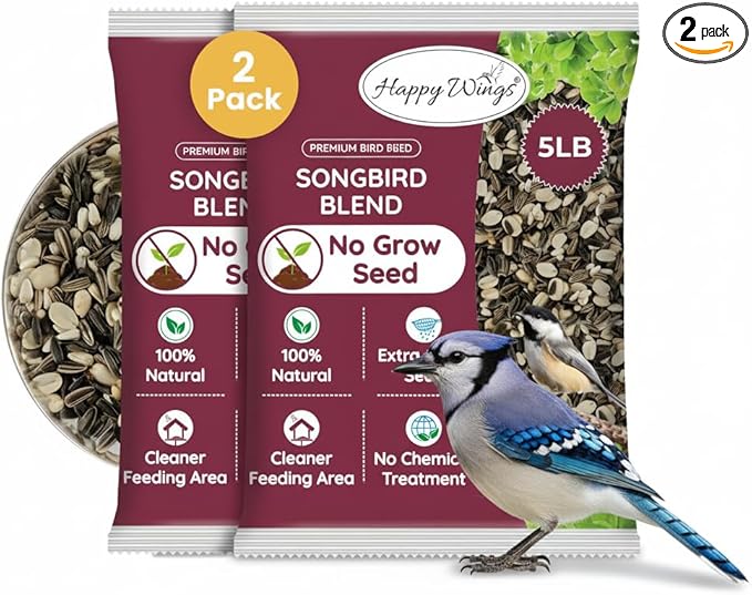 Happy Wings No Grow Bird Seed Mix Pack of 2 (5lb x 2 = 10lb) - Songbird Bird Seed with Sunflower, Safflower & Peanuts - No Mess Birdseed for Outside Feeders - Suitable Birdseed for Wild Birds