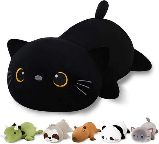 Finebee Weighted Black Cat Stuffed Animals, Cute Weighted Black Cat Plush, Soft Stuffed Weighted Plushie Pillow Gifts for Kids & Adults (13.8" 1.6Lbs)