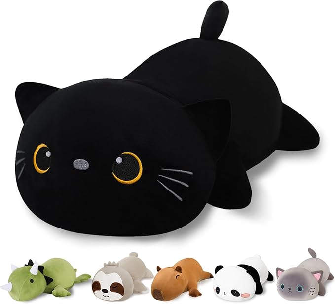 Finebee Weighted Black Cat Stuffed Animals, Cute Weighted Black Cat Plush, Soft Stuffed Weighted Plushie Pillow Gifts for Kids & Adults (23.6" 3.1Lbs)