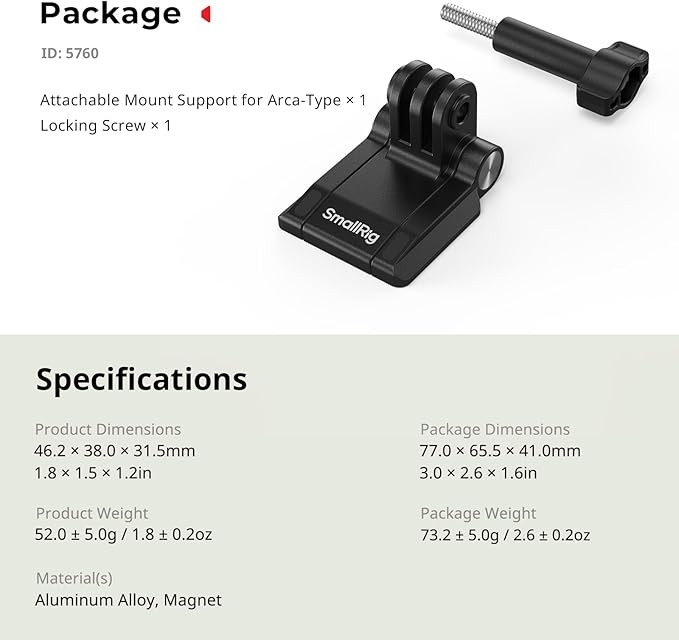 SmallRig Magnetic Mount for Action Camera, for DJI Osmo Nano/Action 4/5 pro, for GoPro Hero 13/12/11, with Quick Release Plate for Arca-Swiss, 1/4"-20 Locating Hole, Ultra-Low-Angle Shooting
