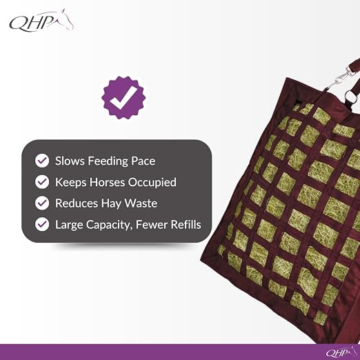 QHP Hay Bag for Horses | Slow Feed Horse Hay Bag | Horse Hay Feeder | 2.4" Mesh | Holds up to 13 lbs | Durable 600D Polyester | Stall, Trailer & Paddock | 2-Year Warranty (Burgundy)
