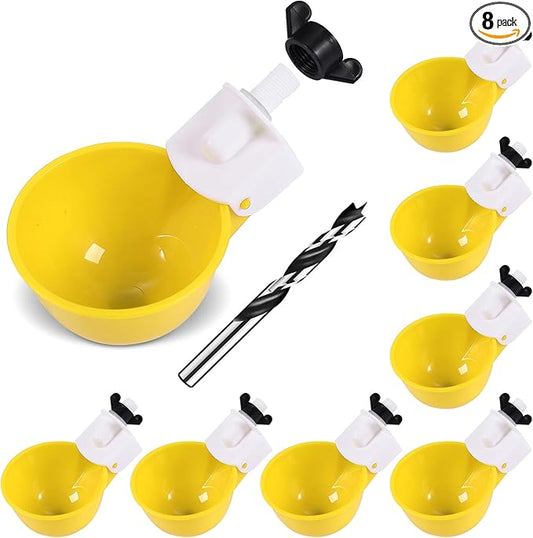 Chicken Waterer Cups (8 Pack/Yellow) - DIY Automatic Large Chicken Water Feeder for Ducks,Chicks, Turkeys, Quail, Bunny, Bird and Other Various Poultry Dispenser with Matching Drill