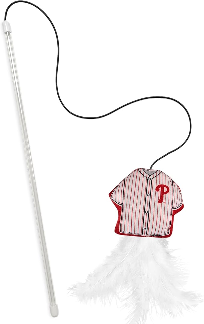 MLB Philadelphia Phillies Team Jersey Wand with CAT NIP, Cat Toy Jersey Shaped Plush Teaser Toy for Cats & Kittens - Interactive Pet Toy for Play & Exercise