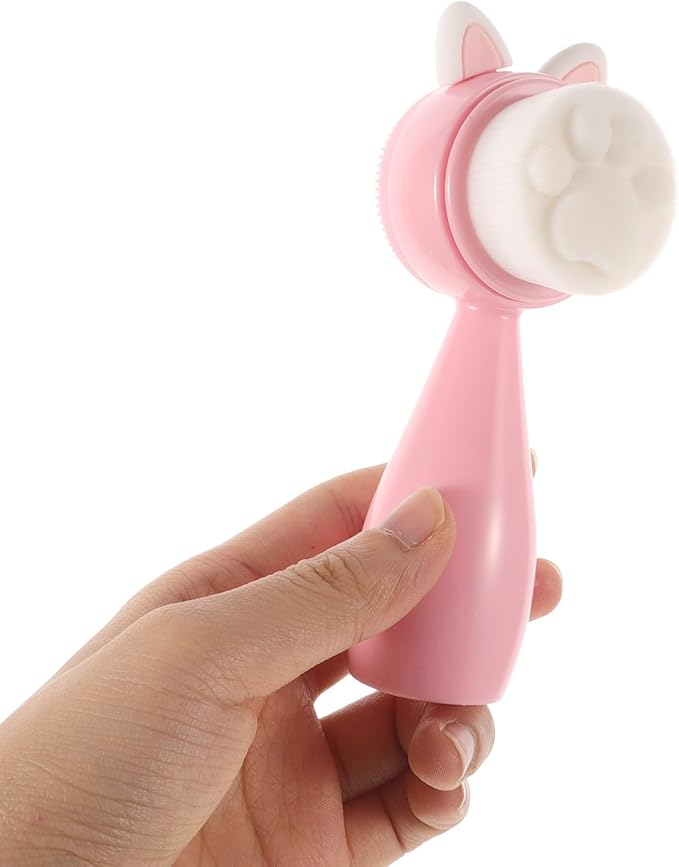 ABOOFAN Manual Silicone Facial Cleansing Brush, Dual-Sided Soft Bristles Face Exfoliator Brush with Abs Handle, Pink Rabbit Ear Design for Gentle Deep Face Cleaning and Skin Care