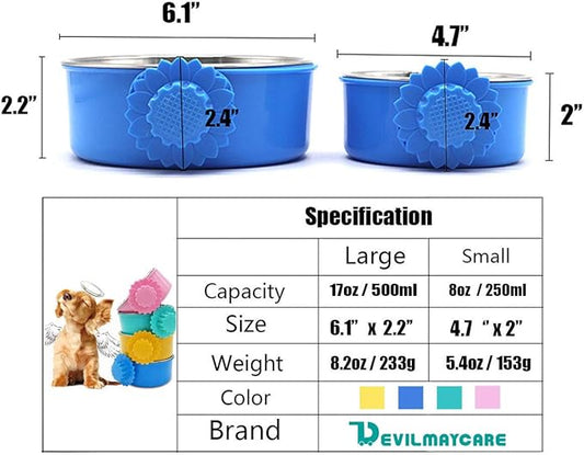 DEVILMAYCARE Pet Feeder Dog Bowl Stainless Steel Food Hanging Bowl Crates Cages Dog Parrot Bird Pet Drink Water Bowl Dish Accessory (L: 6''x2.2'', Blue)