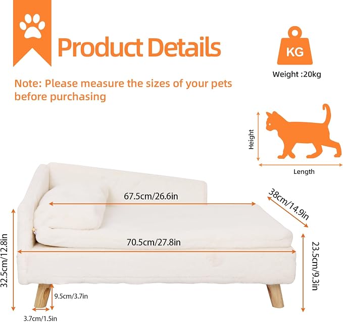 Elevated Cat Couch Sofa: Wooden Cat Bed Dog Chair with Bolster Cushion for Small Dogs Cute Pet Chaise Soft Cushion Fluffy Washable for Puppy