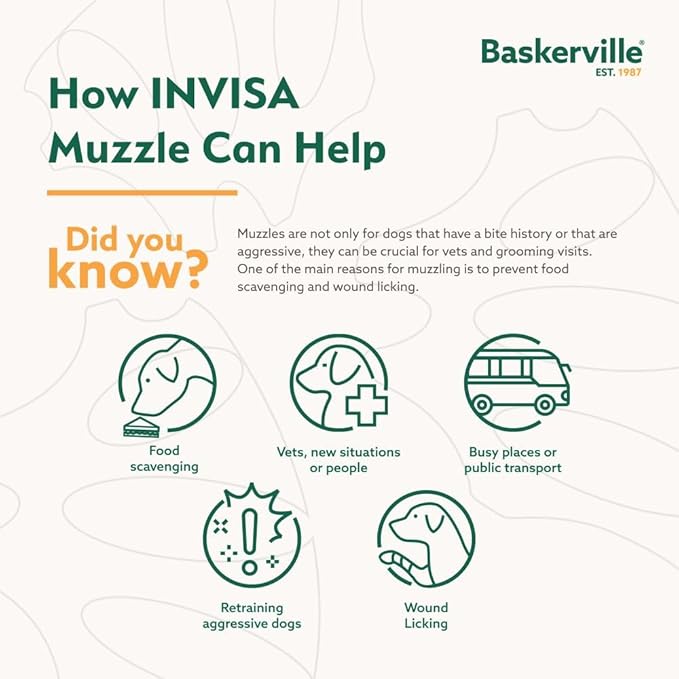 Baskerville INVISA Basket Dog Muzzle - Patented Humane Design with Facial Visibility, Padded Nose Band, Dog can Pant and Drink, Prevents Biting and Scavenging. Muzzle for Medium-Sized Dogs (Size 4)