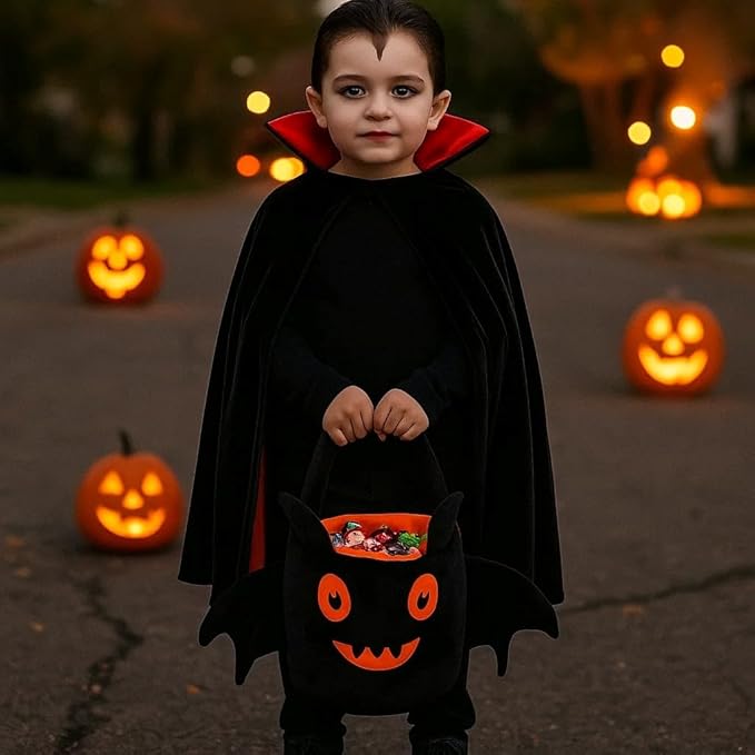 Halloween Plush Treat Basket, Halloween Candy Basket, Trick-or-Treat Bag( Black Orange Bat)