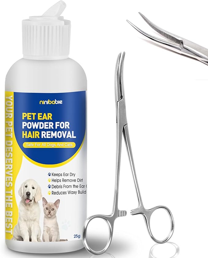 Dog Ear Powder for Hair Removal & Ear Care - Includes 5.5" Curved Locking Forceps - Absorbs Moisture, Removes Dirt - Soothes Itchy Ears for Dogs & Cats
