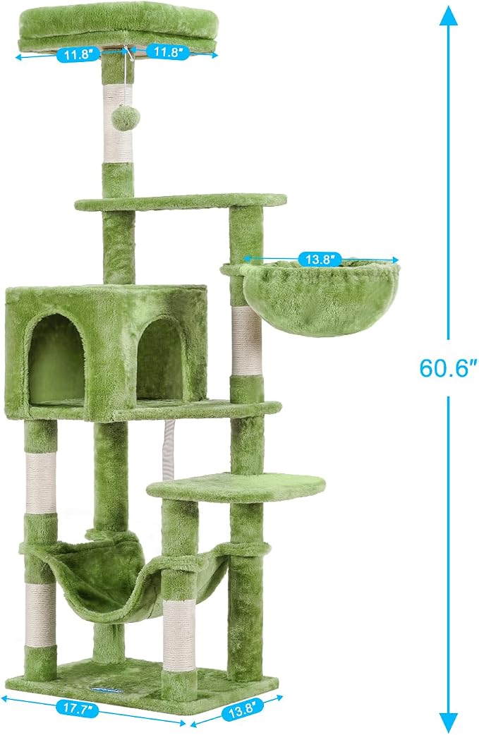 Hey-brother Cat Tree with Large Hammock, Multi-Level Cat Tower for Indoor Cats, Cat Condo with Sisal-Covered Scratching Posts and Top Perch, Green MPJ050GR