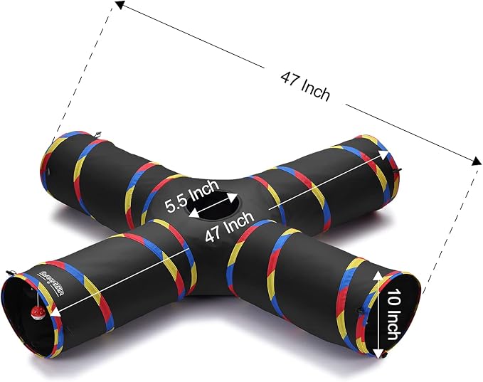 4 Way Large Cat Tunnels for Indoor Cats - 10" Diameter & 47" Long Play Tunnel Toy - Cat Tube with Play Ball & Mouse Toy - Interactive Peephole (Black)