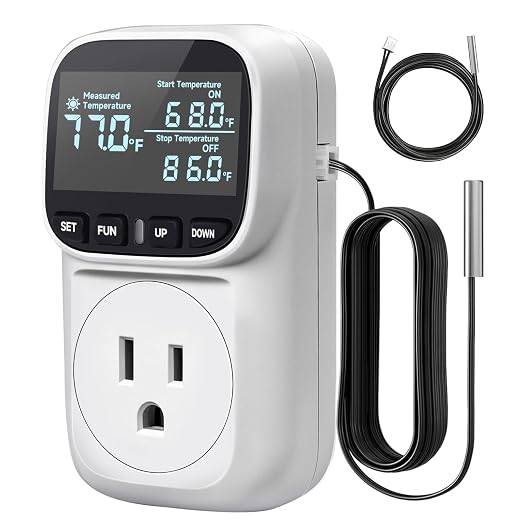 Temperature Controller 15A/1800W, Digital Timer Thermostat Outlet for Greenhouse, Reptile Tank, Heat Mat, Seedlings, Brewing, Aquarium, CyclicTiming/Countdown, VA Display,-40°F~210°F
