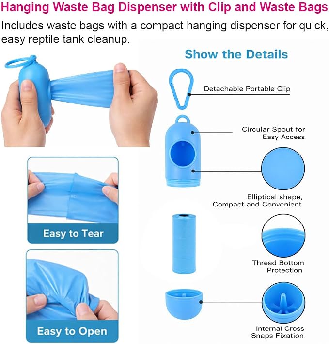 Reptile Sand Scoop Cleaning Kit for Bearded Dragon & Leopard Gecko Tank Accessories – Reptile Sand Sifter, Reptile Litter Scoop, Mini Brush & Dustpan, Hanging Waste Bag Dispenser