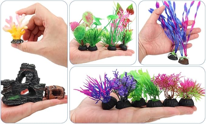 QUOZUO 15 Pcs Aquarium Artificial Plastic Plants Decorations and Resin Barrel and Coral Rock Cave Set, Fish Tank Accessories Hideout Ornaments Aquarium Decor Set