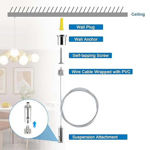 Ceiling Hanging Wire Cable Kit, 8 Sets LED Light Fixtures Hanging System Kit, Aquarium Light Hanging Kit, Adjustable Wire Rope for Panel, Pendant, Chandelier, Suspension Light Fixture