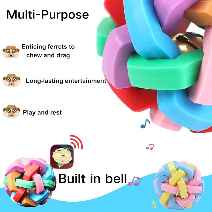 4 Pack Ferret Toys Ball Set, Rubber Scratch Chew Toys with Built-in Bell Soft Colorful Balls Grinding Wiggle Ball Interactive Sound Toy Exercise Teeth for Ferret Cat Kittens