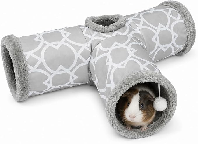 Plush Inside 3-Way Shape Small Animals Tube Tunnel with Interactive Ball for Guinea Pig, Hamster, Chinchilla, Hedgehog Hiding and Resting, Geometric Grey