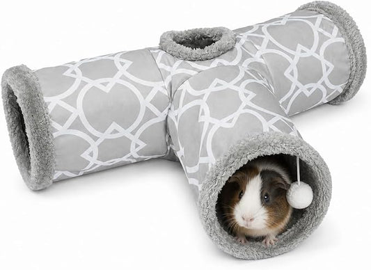 Plush Inside 3-Way Shape Small Animals Tube Tunnel with Interactive Ball for Guinea Pig, Hamster, Chinchilla, Hedgehog Hiding and Resting, Geometric Grey