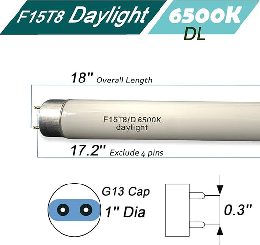 Flyercatch 18inch F15T8-D Daylight 15W Fluorescent Bulb,18'' F15T8/DL 6500K Bright White Lighting, T8 Linear Preheat Lamps, Full Spectrum for Aquarium Fish Tank, Plant Lighting