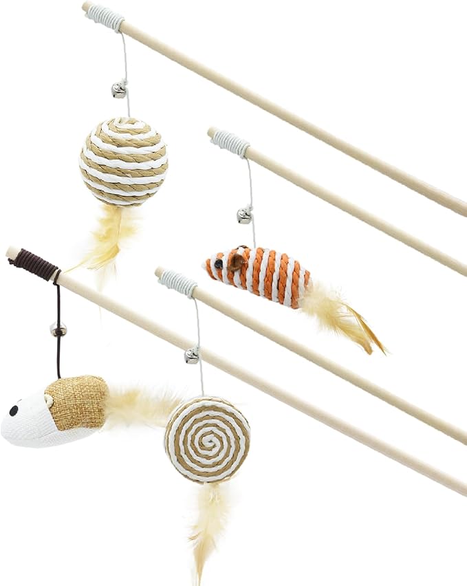 4PCS Cat Teaser Wand Toy Set – Wooden Handles with Sisal Rope Balls, Mouse & Feather Attachments, Interactive Play Wands with Bells for Indoor Cats