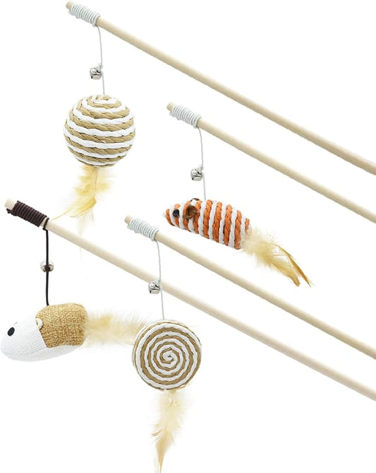4PCS Cat Teaser Wand Toy Set – Wooden Handles with Sisal Rope Balls, Mouse & Feather Attachments, Interactive Play Wands with Bells for Indoor Cats